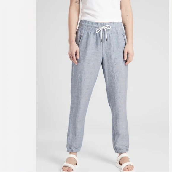 Athleta Blue Cabo Linen Jogger Athleisure Travel Lifestyle Pant EUC size 12 - Picture 1 of 5